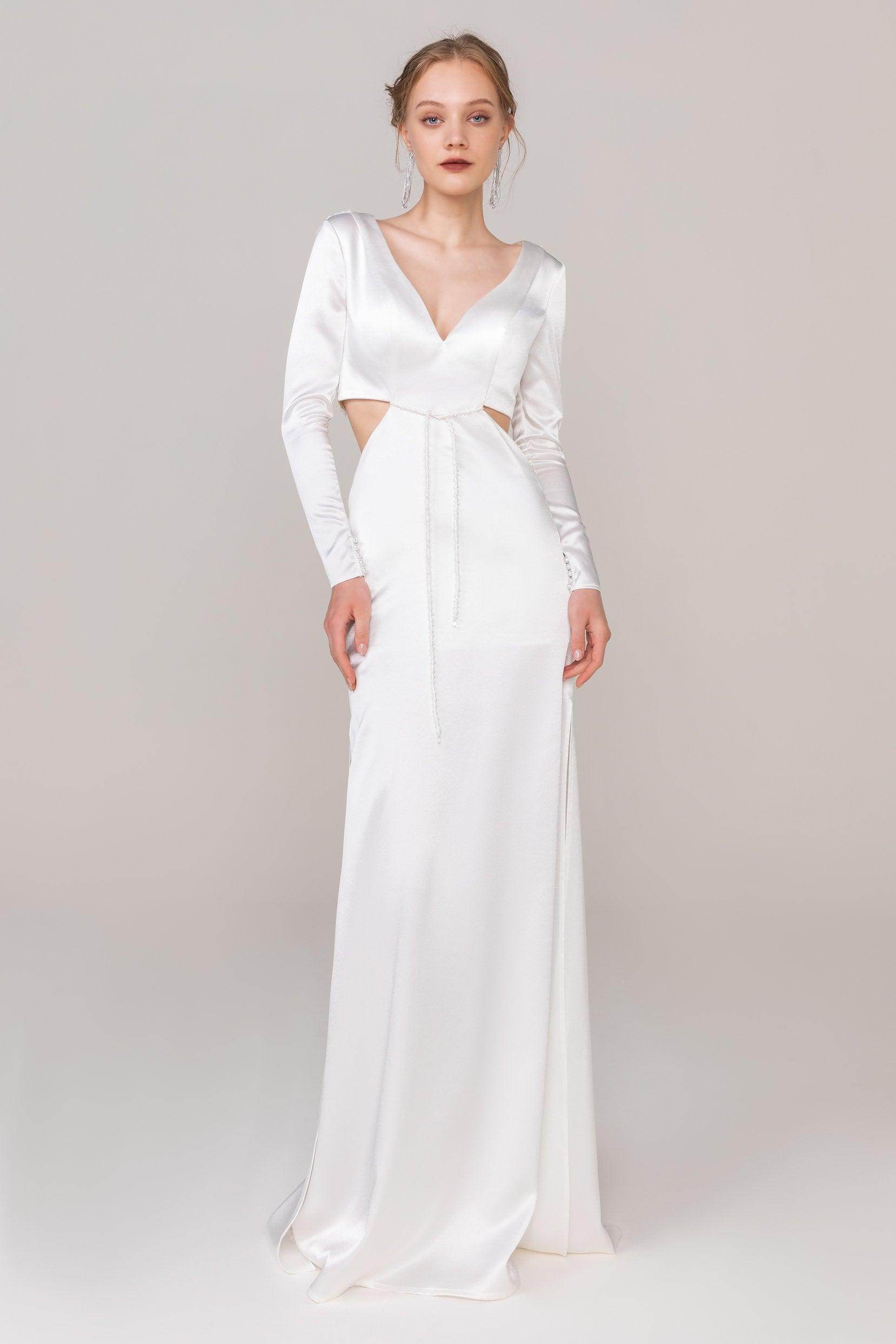 Sheath-Column Sweep-Brush Train Satin Wedding Dress CW2411 - COCOMELODY